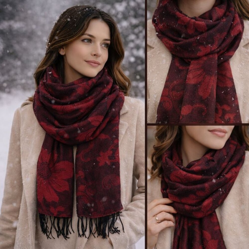 🌹Jerusalem Label 100% Cashmere Shawl – Garnet Floral Weave • Quiet Luxury
